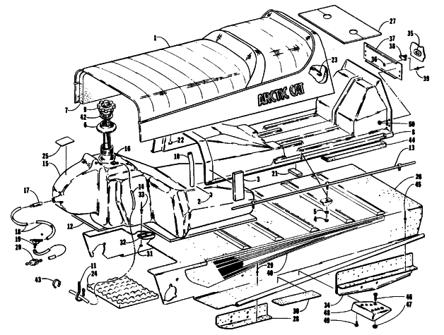 Parts Diagram for Arctic Cat 1994 CHEETAH 440 2-SPEED SNOWMOBILE TUNNEL, GAS TANK, SEAT AND TOOLBOX