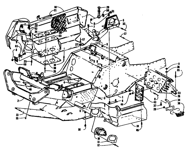Parts Diagram for Arctic Cat 1994 THUNDERCAT MOUNTAIN CAT W SNOWMOBILE FRONT FRAME, BELLY PAN AND FOOTREST ASSEMBLY