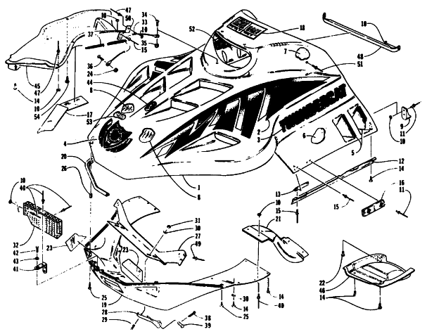 Parts Diagram for Arctic Cat 1994 THUNDERCAT SNOWMOBILE HOOD AND NOSEPIECE ASSEMBLY