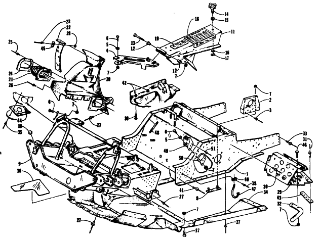 Parts Diagram for Arctic Cat 1994 PUMA 2UP SNOWMOBILE FRONT FRAME, BELLY PAN AND FOOTREST ASSEMBLY