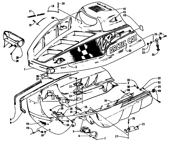 Parts Diagram for Arctic Cat 1994 ZR 440 SNOWMOBILE HOOD AND BELLY PAN ASSEMBLY
