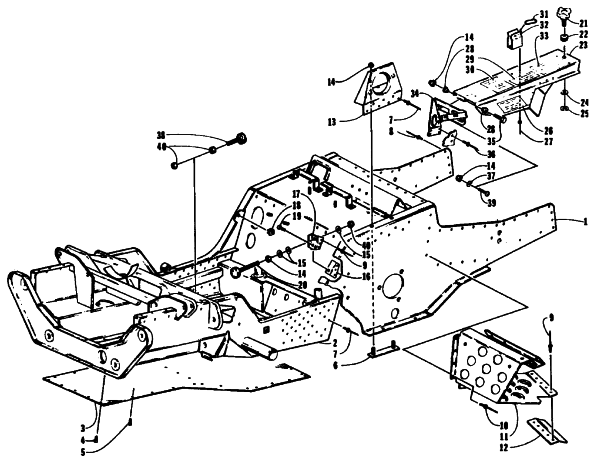 Parts Diagram for Arctic Cat 1994 ZR 440 SNOWMOBILE FRONT FRAME, FOOTREST, AND CLUTCH SHIELD ASSEMBLY