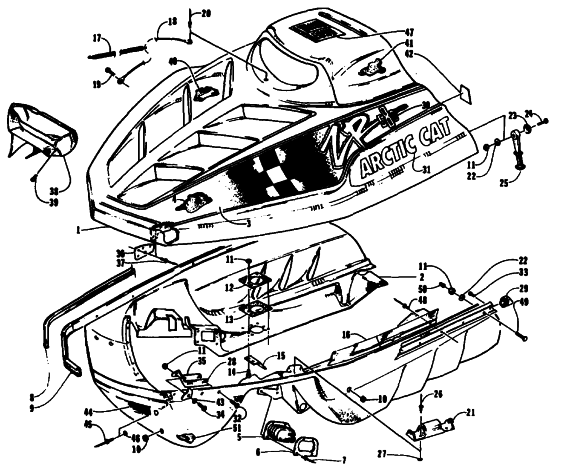 Parts Diagram for Arctic Cat 1994 ZR 580 SNOWMOBILE HOOD AND BELLY PAN ASSEMBLY