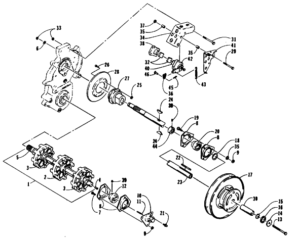 Parts Diagram for Arctic Cat 1994 CHEETAH 440 2-SPEED SNOWMOBILE DRIVE TRAIN SHAFTS AND BRAKE ASSEMBLIES