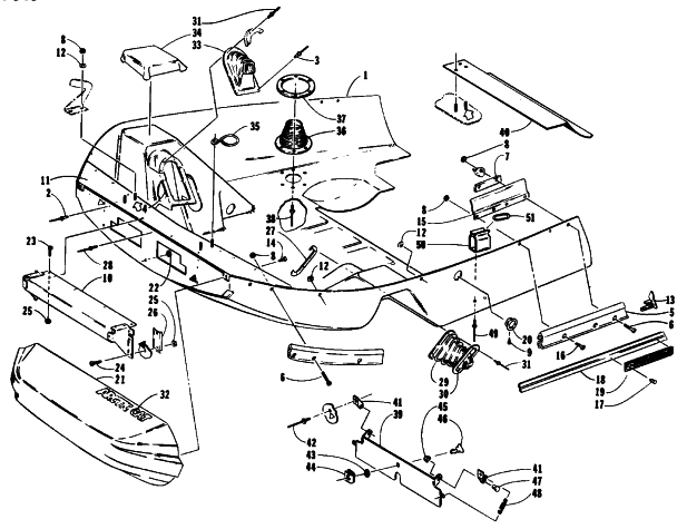 Parts Diagram for Arctic Cat 1994 CHEETAH 340 SNOWMOBILE BELLY PAN AND NOSE CONE ASSEMBLIES