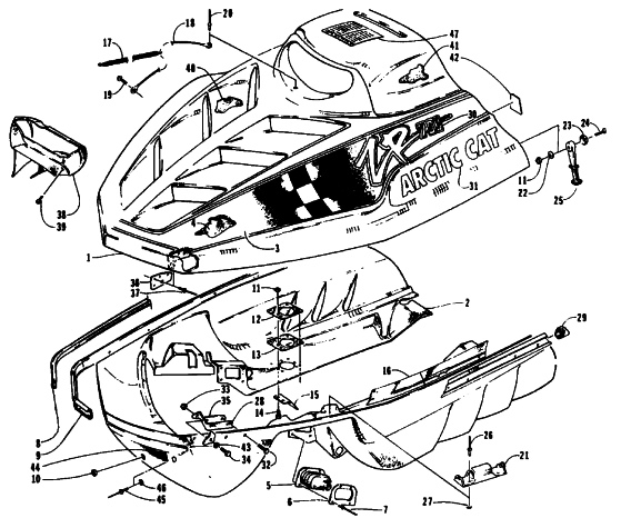 Parts Diagram for Arctic Cat 1994 ZR 700 SNOWMOBILE HOOD AND BELLYPAN ASSEMBLY