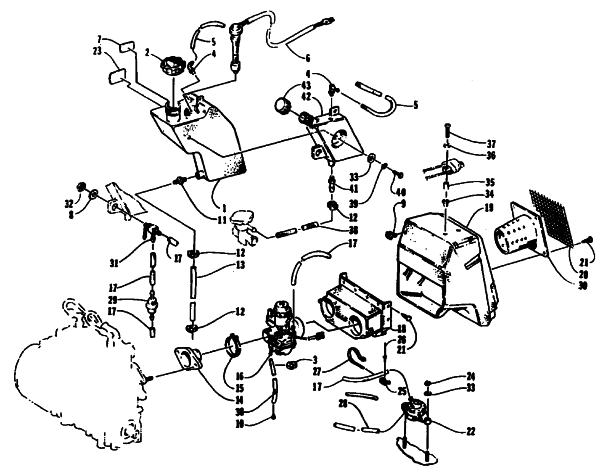 Parts Diagram for Arctic Cat 1994 ZR 580 SNOWMOBILE OIL TANK, CARBURETOR, FUEL PUMP, AND SILENCER