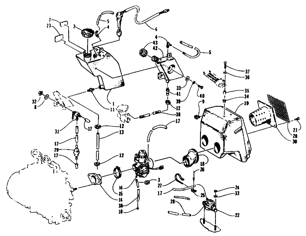 Parts Diagram for Arctic Cat 1994 ZR 440 SNOWMOBILE OIL TANK, CARBURETOR, FUEL PUMP, AND SILENCER