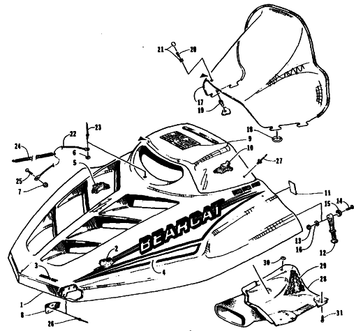 Parts Diagram for Arctic Cat 1995 BEARCAT 340 SNOWMOBILE HOOD AND WINDSHIELD ASSEMBLY