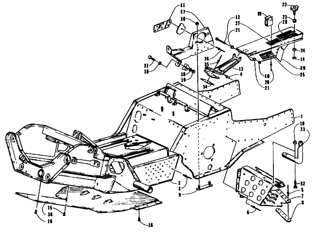 Parts Diagram for Arctic Cat 1995 BEARCAT 550 SNOWMOBILE FRONT FRAME, FOOTREST, AND GUARD ASSEMBLY
