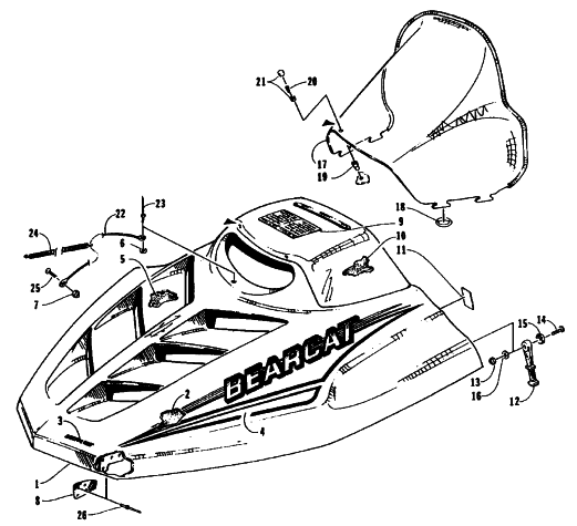 Parts Diagram for Arctic Cat 1995 BEARCAT 550 SNOWMOBILE HOOD AND WINDSHIELD ASSEMBLY