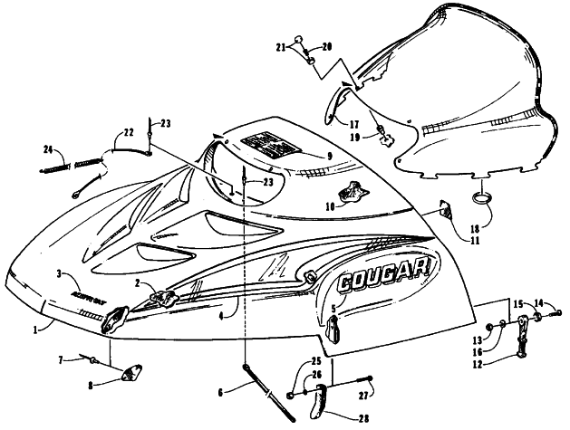 Parts Diagram for Arctic Cat 1995 COUGAR MOUNTAIN CAT SNOWMOBILE HOOD AND WINDSHIELD ASSEMBLY