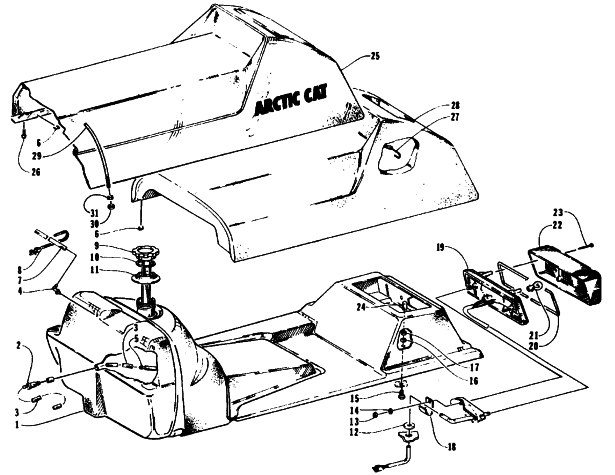 Parts Diagram for Arctic Cat 1995 COUGAR SNOWMOBILE GAS TANK, SEAT, AND TAILLIGHT ASSEMBLIES