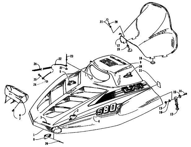 Parts Diagram for Arctic Cat 1995 EXT EFI MOUNTAIN CAT DEEP LUG SNOWMOBILE HOOD AND WINDSHIELD ASSEMBLY