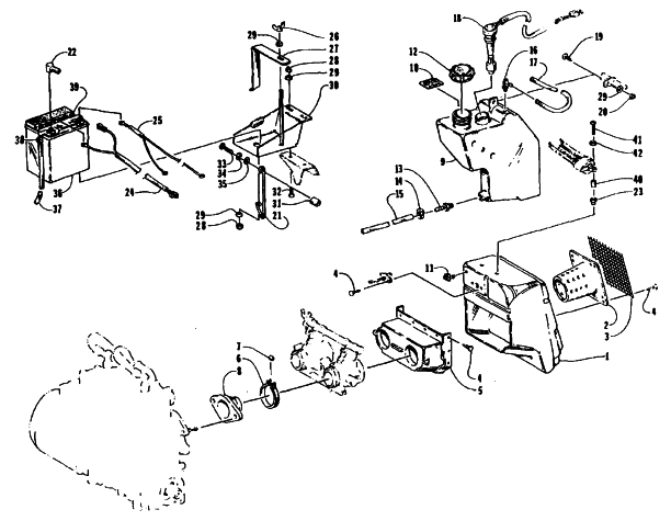 Parts Diagram for Arctic Cat 1995 EXT EFI MOUNTAIN CAT DEEP LUG SNOWMOBILE BATTERY, AIR SILENCER, AND OIL TANK