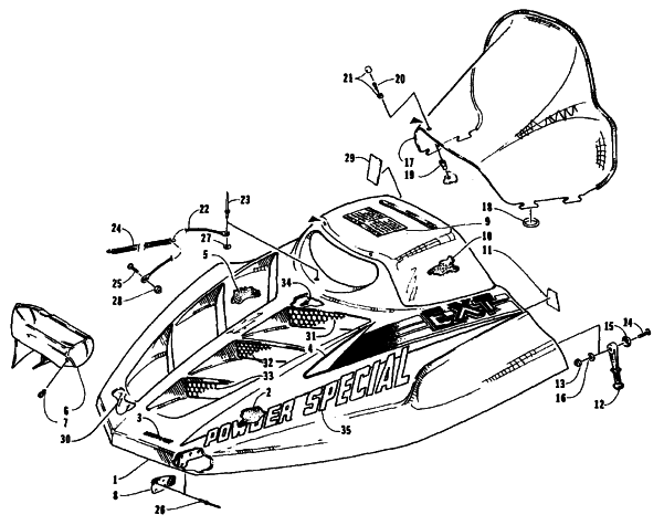 Parts Diagram for Arctic Cat 1995 EXT POWDER SPECIAL SNOWMOBILE HOOD AND WINDSHIELD ASSEMBLY