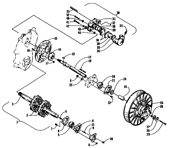 Parts Diagram for Arctic Cat 1995 EXT POWDER SPECIAL SNOWMOBILE DRIVE TRAIN SHAFTS AND BRAKE ASSEMBLIES