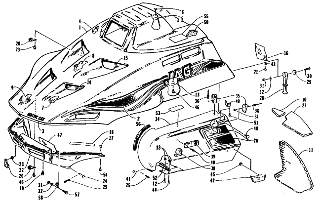 Parts Diagram for Arctic Cat 1995 JAG DELUXE SNOWMOBILE HOOD AND SIDE PODS