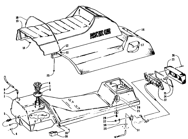 Parts Diagram for Arctic Cat 1995 JAG SNOWMOBILE GAS TANK, SEAT, AND TAILLIGHT ASSEMBLIES
