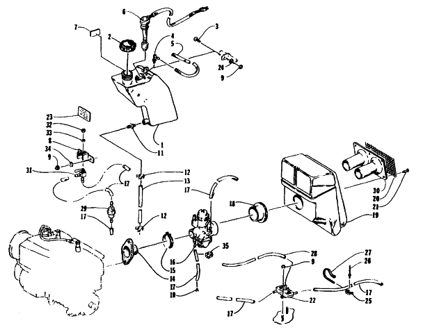 Parts Diagram for Arctic Cat 1995 PANTHER DELUXE SNOWMOBILE OIL TANK, CARBURETOR, FUEL PUMP, AND SILENCER