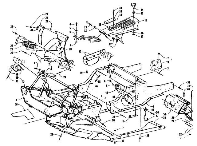 Parts Diagram for Arctic Cat 1995 JAG DELUXE SNOWMOBILE FRONT FRAME, BELLY PAN AND FOOTREST ASSEMBLY
