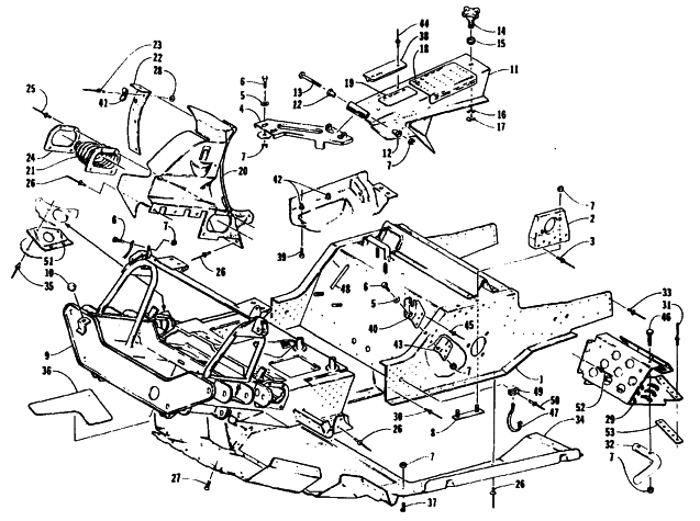 Parts Diagram for Arctic Cat 1995 PANTHER DELUXE SNOWMOBILE FRONT FRAME, BELLY PAN AND FOOTREST ASSEMBLY