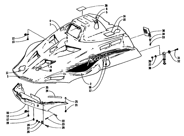 Parts Diagram for Arctic Cat 1995 PANTHER RENTAL SNOWMOBILE HOOD ASSEMBLY