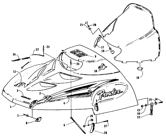 Parts Diagram for Arctic Cat 1995 PROWLER 2-UP SNOWMOBILE HOOD AND WINDSHIELD ASSEMBLY