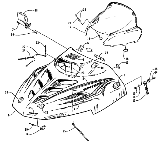 Parts Diagram for Arctic Cat 1995 PANTERA SNOWMOBILE HOOD AND WINDSHIELD ASSEMBLY