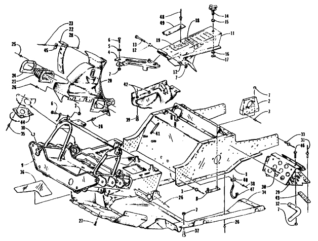 Parts Diagram for Arctic Cat 1995 PUMA DELUXE SNOWMOBILE FRONT FRAME, BELLY PAN AND FOOTREST ASSEMBLY