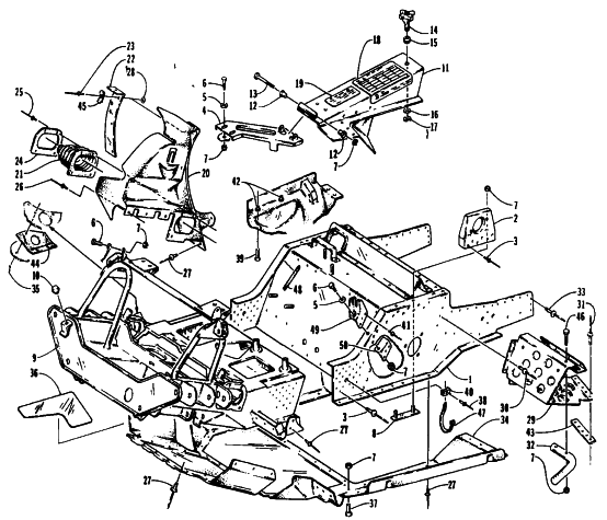 Parts Diagram for Arctic Cat 1995 PUMA 2-UP SNOWMOBILE FRONT FRAME, BELLY PAN AND FOOTREST ASSEMBLY