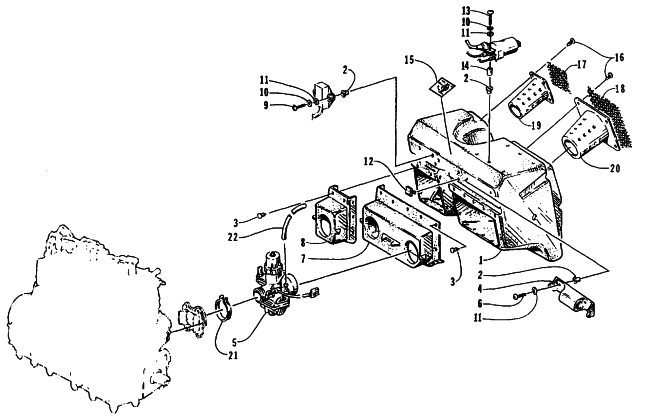 Parts Diagram for Arctic Cat 1995 THUNDERCAT SNOWMOBILE CARBURETOR AND AIR SILENCER ASSEMBLY