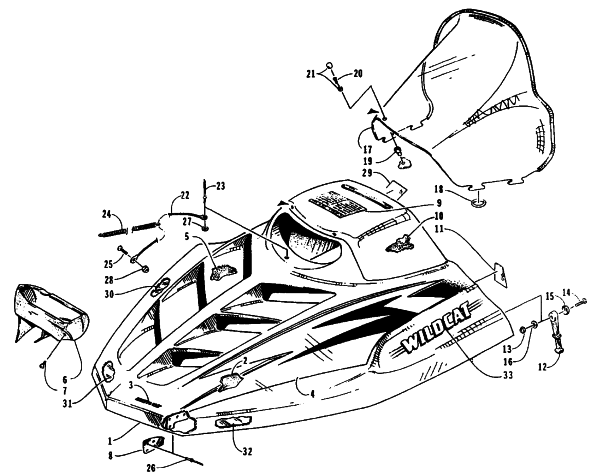 Parts Diagram for Arctic Cat 1995 WILDCAT MC DEEP LUG SNOWMOBILE HOOD AND WINDSHIELD ASSEMBLY