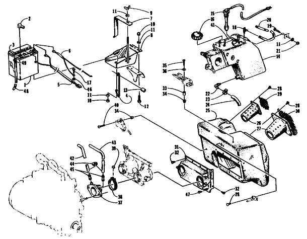 Parts Diagram for Arctic Cat 1995 WILDCAT SNOWMOBILE AIR SILENCER, BATTERY, AND OIL TANK