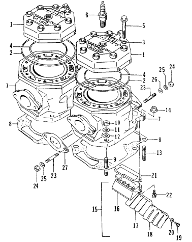 Parts Diagram for Arctic Cat 1995 WILDCAT MOUNTAIN CAT SNOWMOBILE CYLINDER AND HEAD ASSEMBLY
