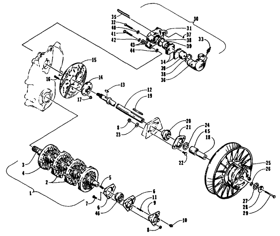 Parts Diagram for Arctic Cat 1995 WILDCAT TOURING SNOWMOBILE DRIVE TRAIN SHAFTS AND BRAKE ASSEMBLIES