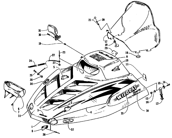 Parts Diagram for Arctic Cat 1995 WILDCAT TOURING SNOWMOBILE HOOD AND WINDSHIELD ASSEMBLY