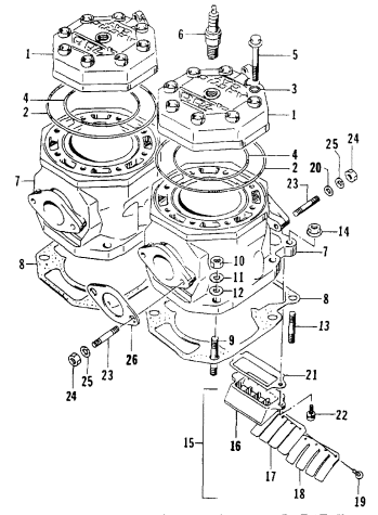 Parts Diagram for Arctic Cat 1995 WILDCAT TOURING SNOWMOBILE CYLINDER AND HEAD ASSEMBLY