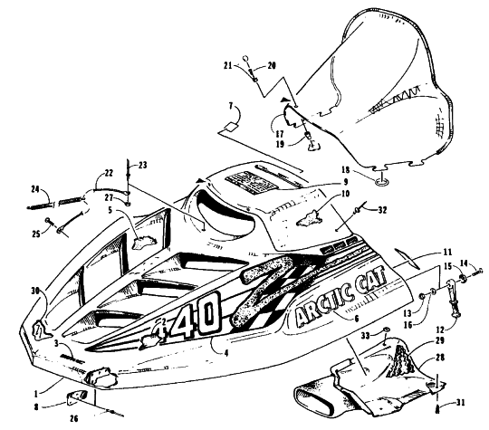 Parts Diagram for Arctic Cat 1995 Z 440 SNOWMOBILE HOOD AND WINDSHIELD ASSEMBLY