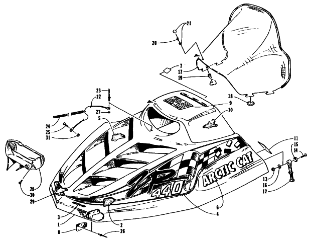 Parts Diagram for Arctic Cat 1995 ZR 440 SNOWMOBILE HOOD AND WINDSHIELD ASSEMBLY