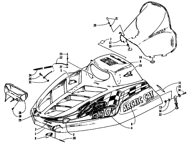 Parts Diagram for Arctic Cat 1995 ZR 580 SNOWMOBILE HOOD AND WINDSHIELD ASSEMBLY