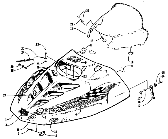 Parts Diagram for Arctic Cat 1995 ZRT 600 SNOWMOBILE HOOD AND WINDSHIELD ASSEMBLY