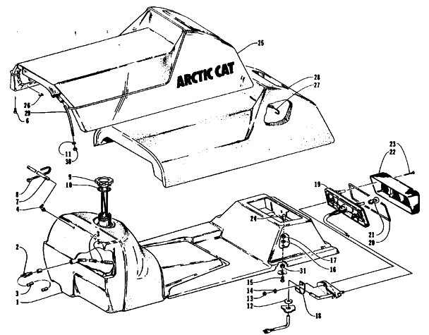 Parts Diagram for Arctic Cat 1995 ZR 580 SNOWMOBILE GAS TANK, SEAT, AND TAILLIGHT ASSEMBLIES