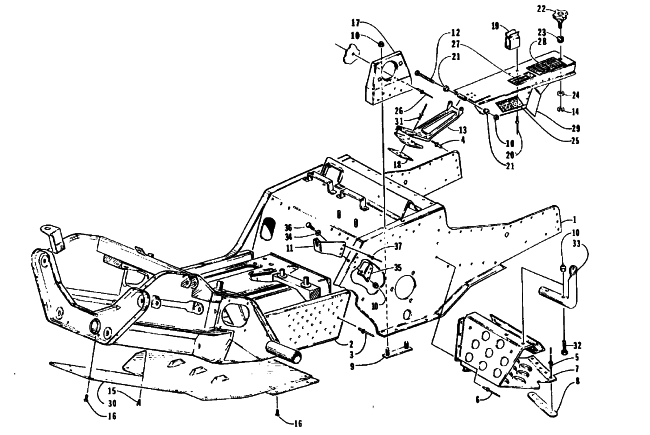 Parts Diagram for Arctic Cat 1996 PANTHER LC SNOWMOBILE FRONT FRAME, BELLY PAN AND FOOTREST ASSEMBLY