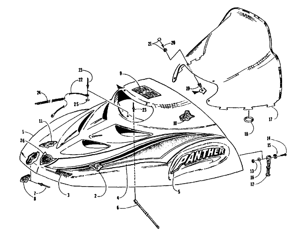 Parts Diagram for Arctic Cat 1996 PANTHER LC SNOWMOBILE HOOD ASSEMBLY