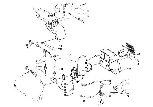 Parts Diagram for Arctic Cat 1996 PANTHER LC SNOWMOBILE OIL TANK, CARBURETOR, FUEL PUMP, AND SILENCER