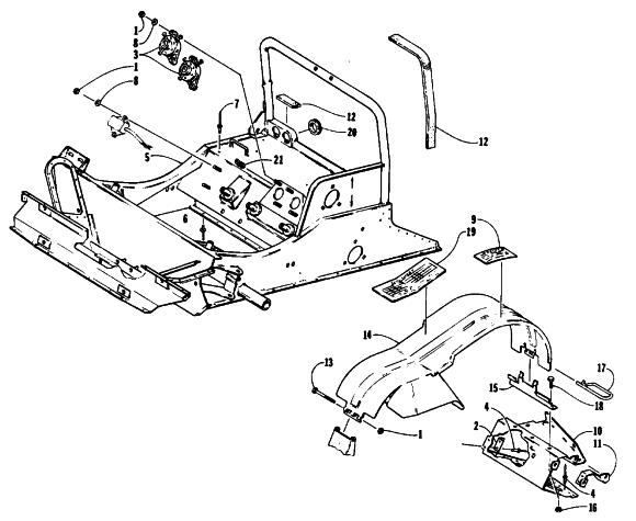 Parts Diagram for Arctic Cat 1989 WILDCAT MOUNTAIN CAT SNOWMOBILE FRONT FRAME AND FOOTREST ASSEMBLY