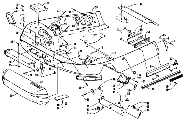 Parts Diagram for Arctic Cat 1990 EL TIGRE EXT MOUNTAIN CAT SNOWMOBILE BELLY PAN AND NOSE CONE ASSEMBLIES