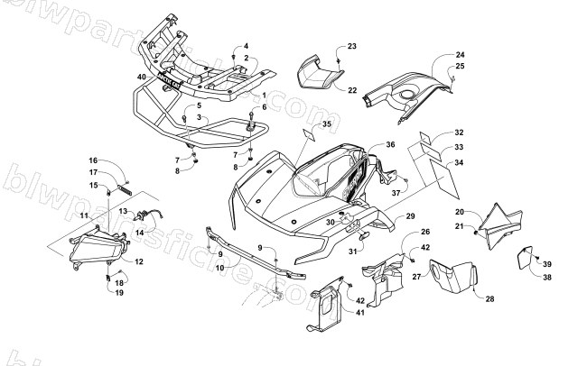 FRONT BODY, RACK, AND HEADLIGHT ASSEMBLY diagram