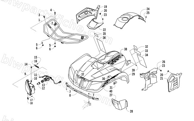 FRONT BODY, RACK, AND HEADLIGHT ASSEMBLY diagram